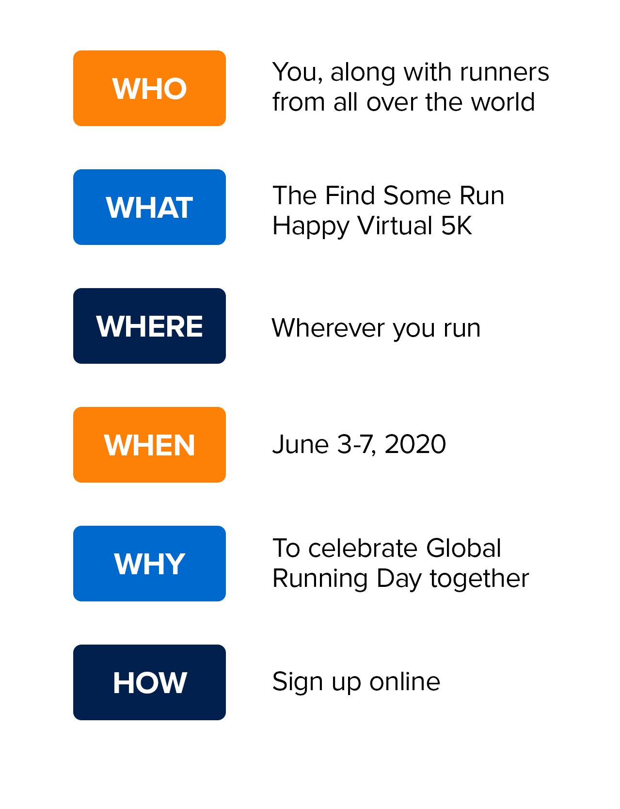 Who: You, along with runners from all over the world | What: The Find Some Run Happy Virtual 5K | Where: Wherever you run | When: June 3-7, 2020 | Why: To celebrate Global Running Day together | How: Sign up online