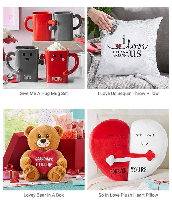 Give Me a Hug Mug Set, I Love Us Sequin Throw Pillow, Lovey Bear in a Box, So In Love Plush Heart Pillow