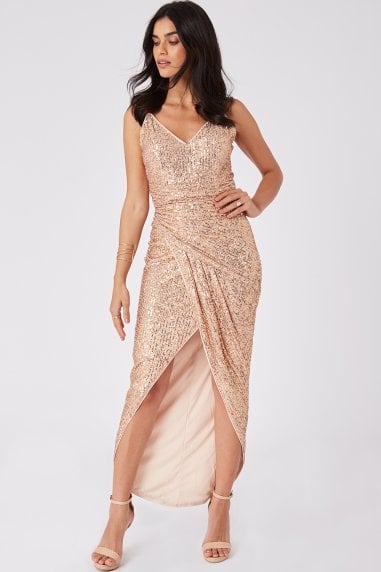 Prestige Copper Sequin Wrap Maxi Dress