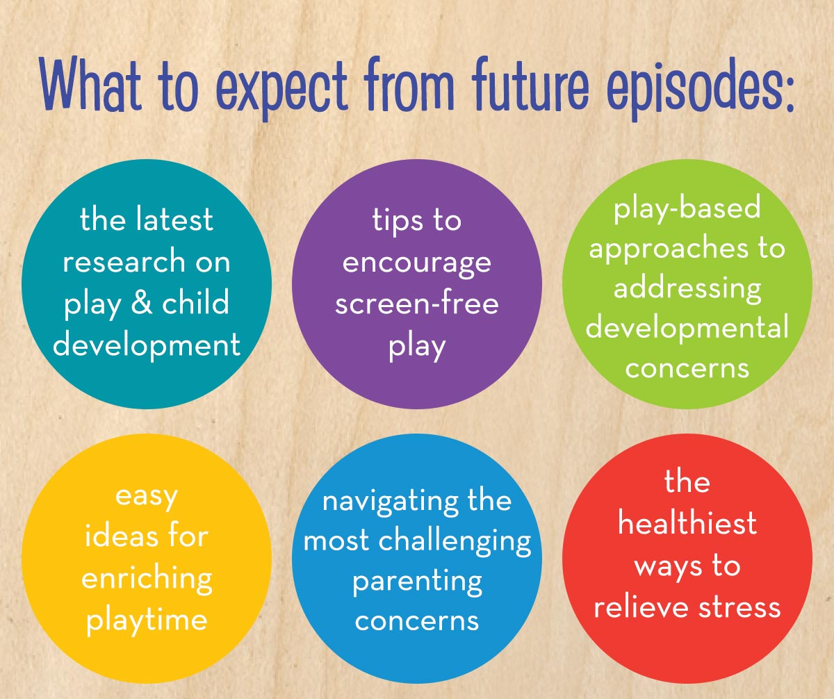 What to expect from future episodes: the latest research on play and child development | tips to encourage screen-free play | play-based approaches to addressing developmental concerns | easy ideas for enriching playtime | children's online privacy issues | the healthiest ways to relieve stress