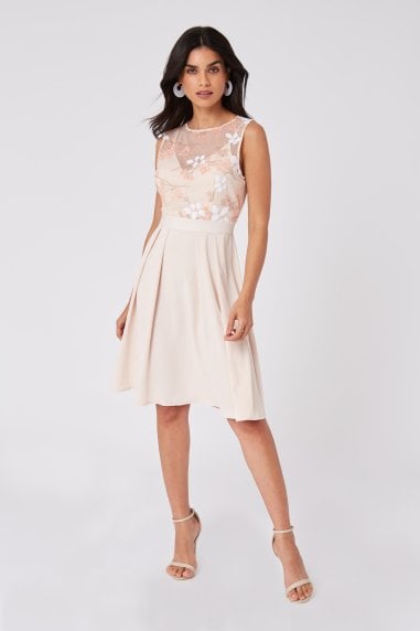 Bridesmaid Cindy Nude Floral-Embroidered Skater Dress