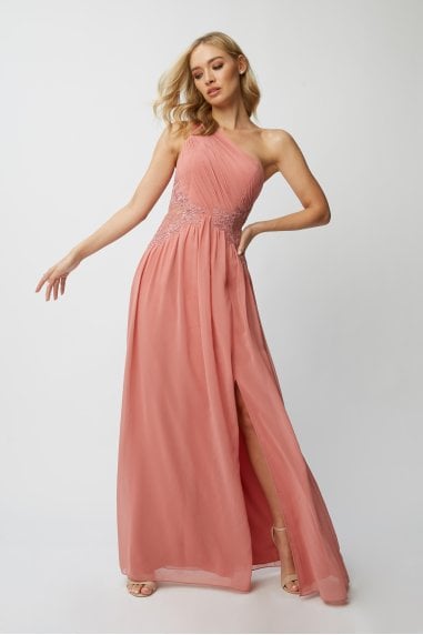 Bridesmaid Corrina Desert Rose Lace-Applique One-Shoulder Maxi Dress