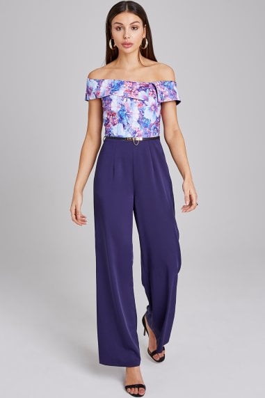 Kingsley Floral-Print Belted Bardot Jumpsuit