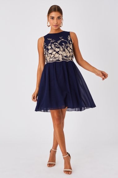 Navy and Gold Embroidered 2 in 1 Dress