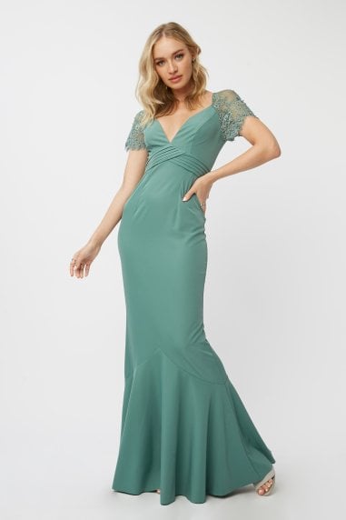 Bridesmaid Layla Nile Blue Embellished Lace Sleeve Maxi Dress