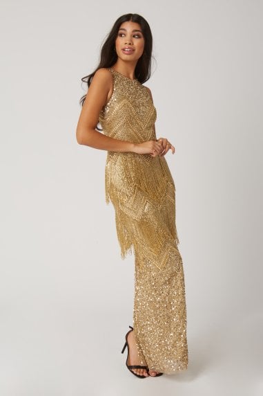 Gala Gold Fringed Flapper Maxi Dress
