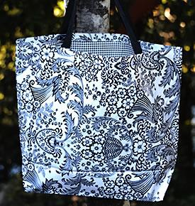 Mexican Oilcloth Market Bag  Paradise on Black & White