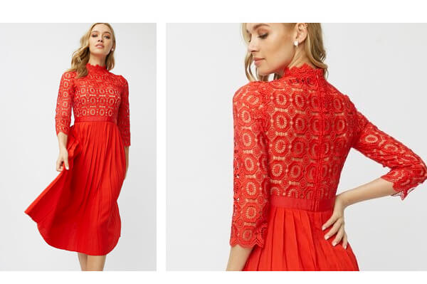 Little Mistress Alice Red Crochet Top Midi Dress With Pleated Skirt