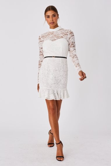 Carman White Lace Belted Peplum Mini Dress
