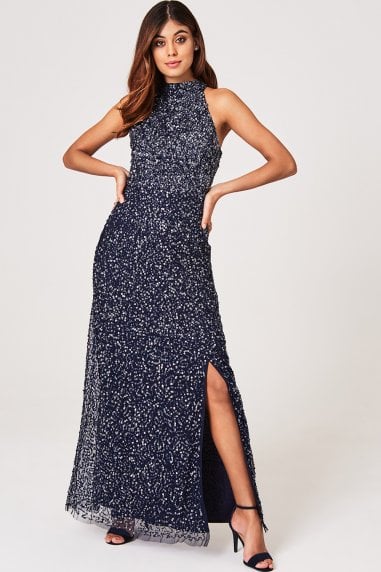 Luxury Nicky Navy Hand-Embellished Sequin Maxi Dress