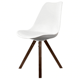 Eiffel Inspired White Plastic Dining Chair with Square Pyramid Dark Wood Legs