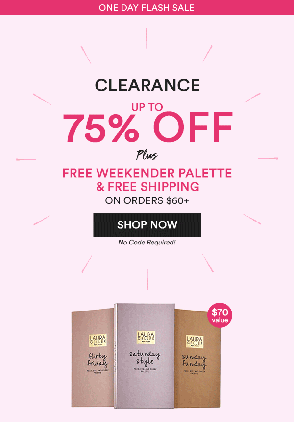 Clearance up 75% off + free weekender pallete & free shipping on orders $60+