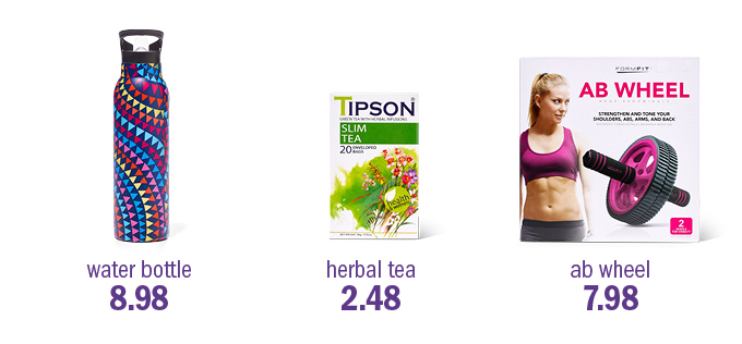 water bottle 8.98 | herbal tea 2.48 | ab wheel 7.98