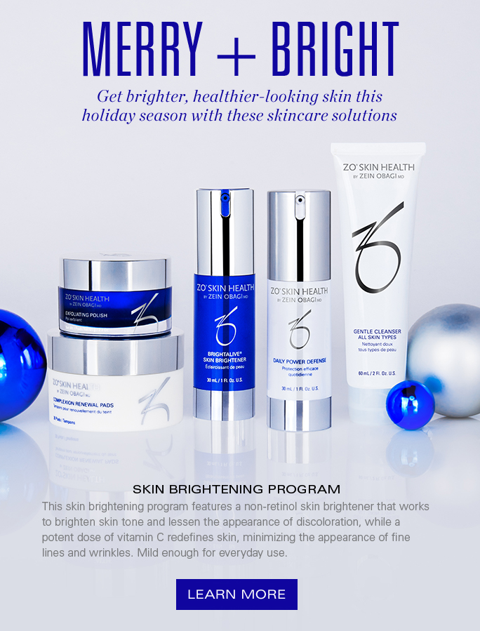 MERRY + BRIGHT - Get brighter, healthier-looking skin this holiday season with these skincare solutions - SKIN BRIGHTENING PROGRAM - This skin brightening program features a non-retinol skin brightener that works to brighten skin tone and lessen the appearance of discoloration, while a potent dose of vitamin C redefines skin, minimizing the appearance of fine lines and wrinkles. Mild enough for everyday use.