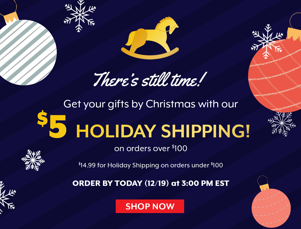 Order by 3:00 PM EST today to get $5 holiday shipping guaranteed for delivery by Christmas.