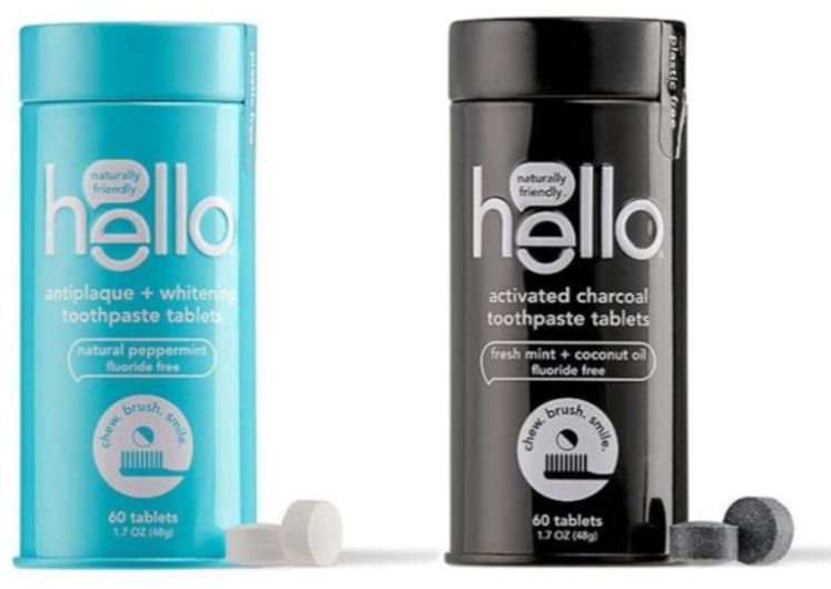 new hello toothpaste tablets, available in antiplaque + whitening & activated charcoal