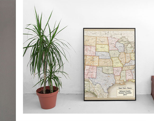 Personalized Antique Style USA Wall Map