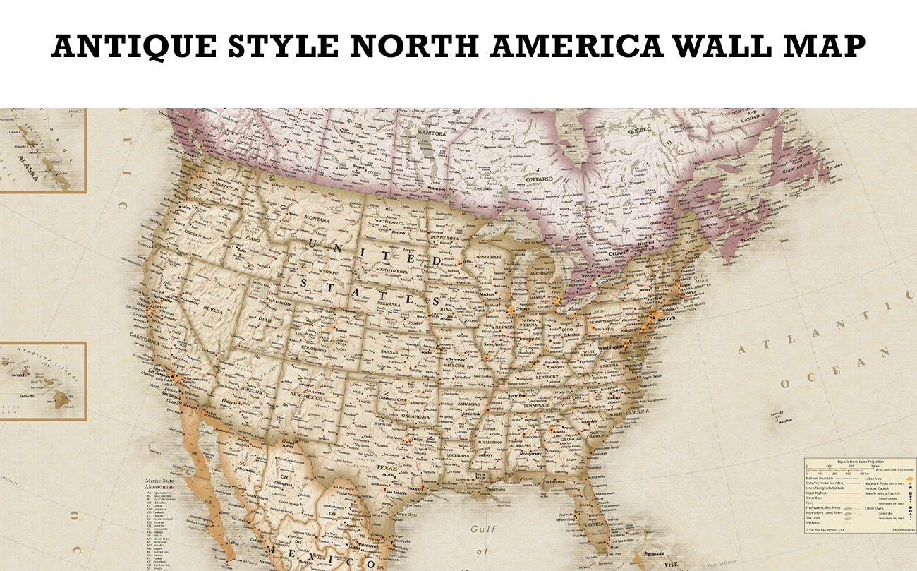 Antique Style North America Wall Map