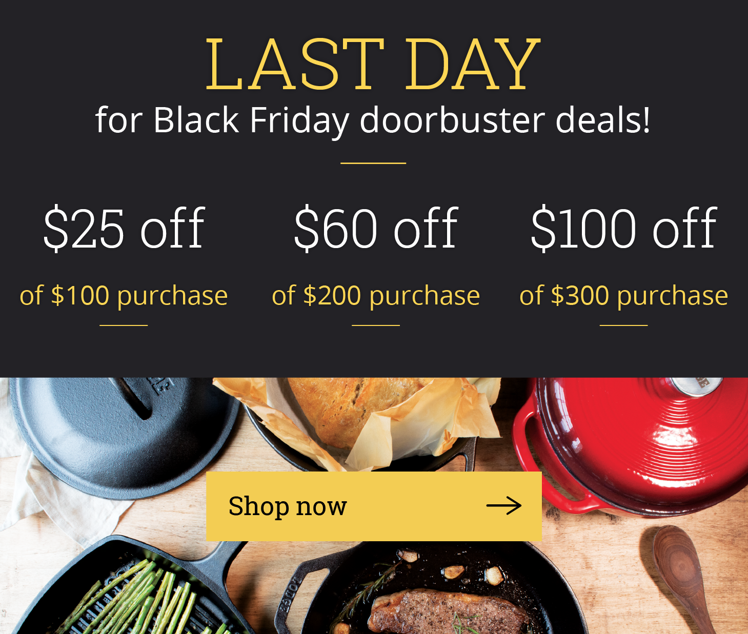 LAST DAY for Black Friday doorbuster deals! / $25 off of $100 purchase / $60 off of $200 purchase /  $100 off of $300 purchase /  {Shop Now ? }