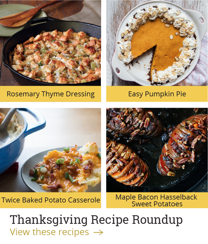 Rosemary Thyme Dressing, Easy Pumpkin Pie, Twice Baked Potato Casserole, Maple Bacon Hasselback Sweet Potatoes, Thanksgiving Recipe Roundup [View these recipes?]