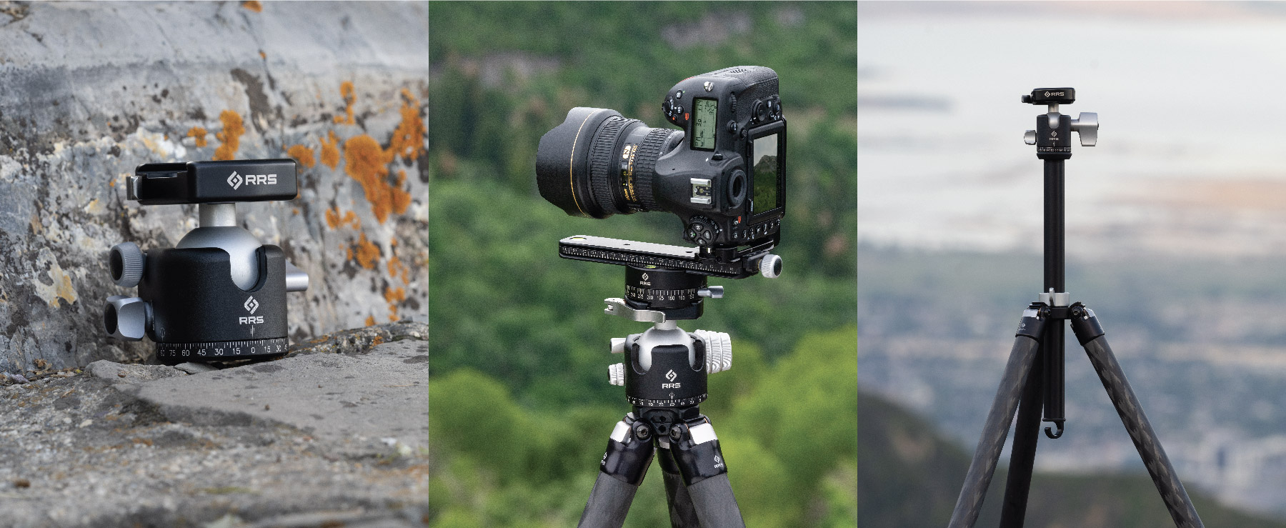 Three images of RRS equipment in use a ball head, pano gear, and a tripod.