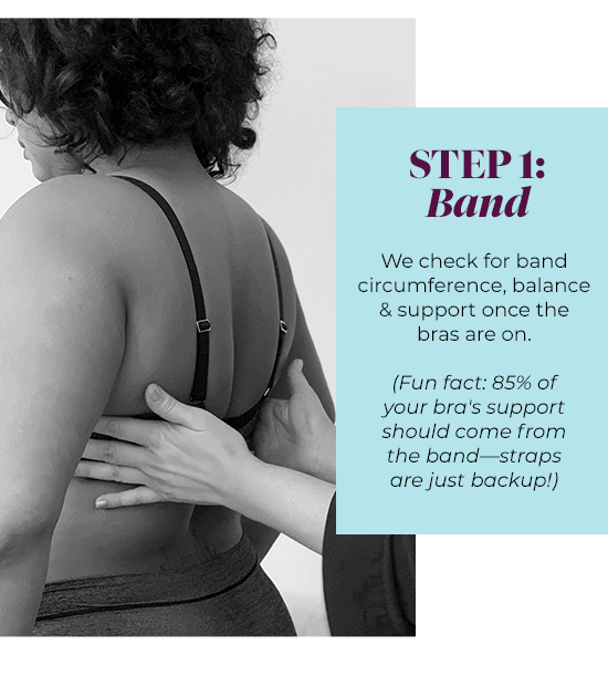 Step 1: Band - We check for band circumference, balance and support once the bras are on. (Fun fact: 85% of your bra''s support should come from the band - straps are just backup!)