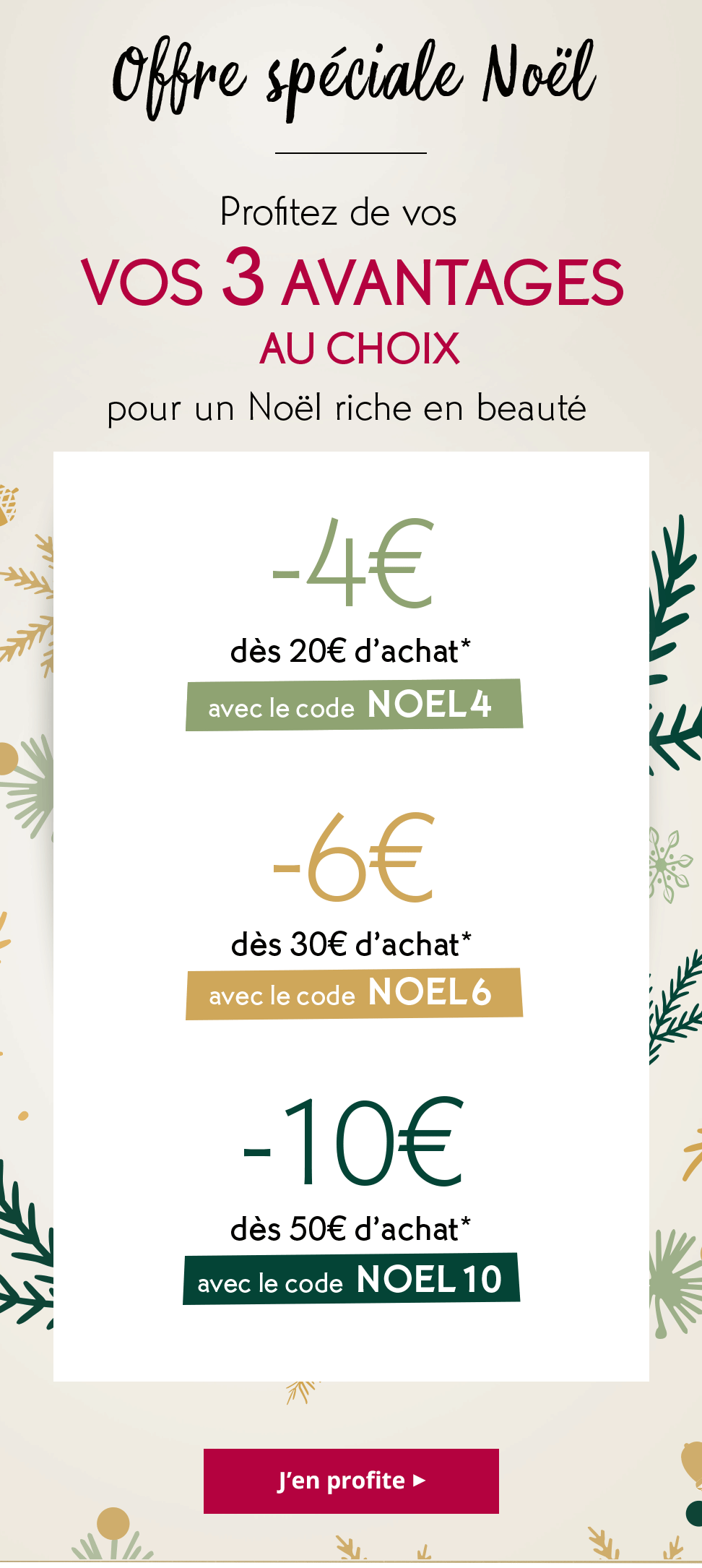 Profitez de vos 3 avantages au choix: 4€ dès 20€ d’achat* avec le code NOEL4 - 6€ dès 30€ d’achat* avec le code NOEL6 - 10€ dès 50€ d’achat* avec le code NOEL10