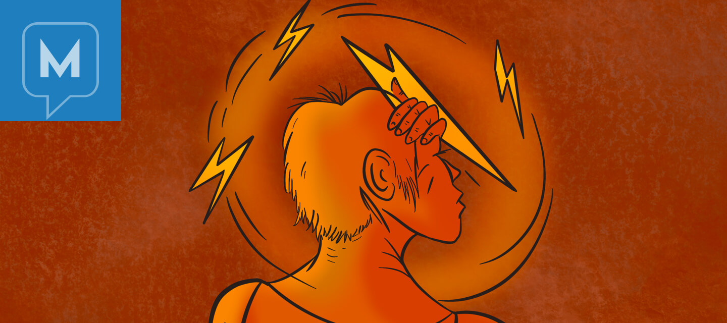 Person clutches head as lightning bolts cycle circuitously around body. Anxiety, stress about migraine, trigger, attack, worrying about self, worry, pain, burst, episode