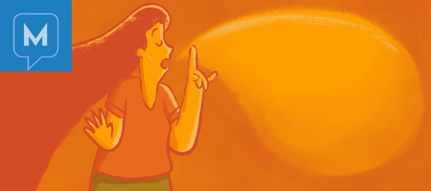A long-haired woman confidently explaining something with a "hold on a minute" hand gesture. There is a large speech bubble coming from the woman's mouth