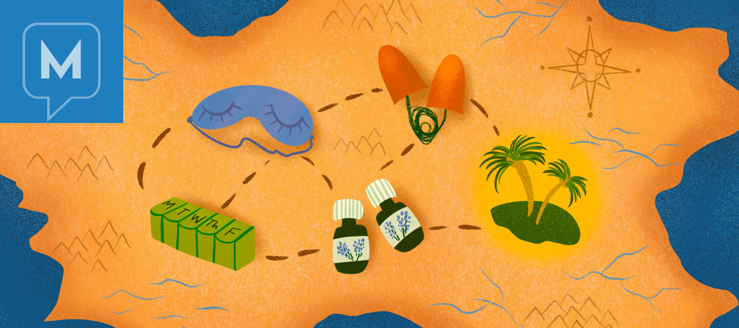 Treasure map featuring essential oils, eye sleep mask, ear plugs, pill holder leading to palm tree island. Steps to relief, treating symptoms and illness, non-pharmaceutical options.