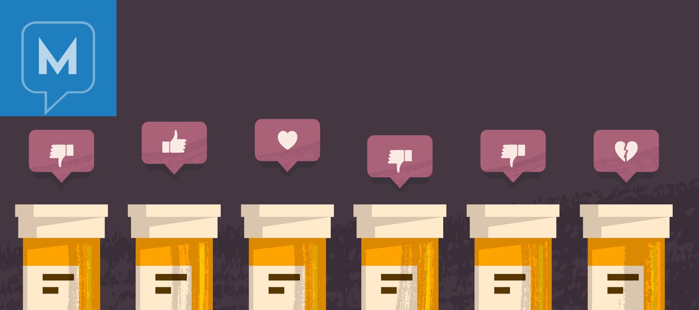 Multiple medication bottles with social media like popups above them with like, dislike, and love icons above them. medicine, socialmedia, instagram.