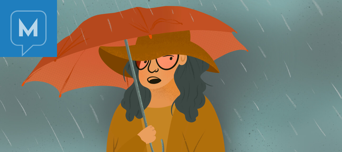 Person wearing hat, Theraspecs sunglasses, umbrella, rain. Hiding, disguise White, female, adult.