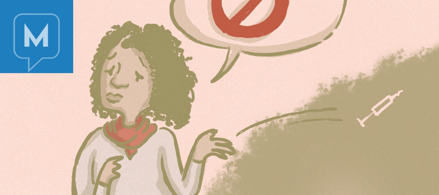 Woman with a crossed circle icon in a speech bubble and shown tossing a syringe