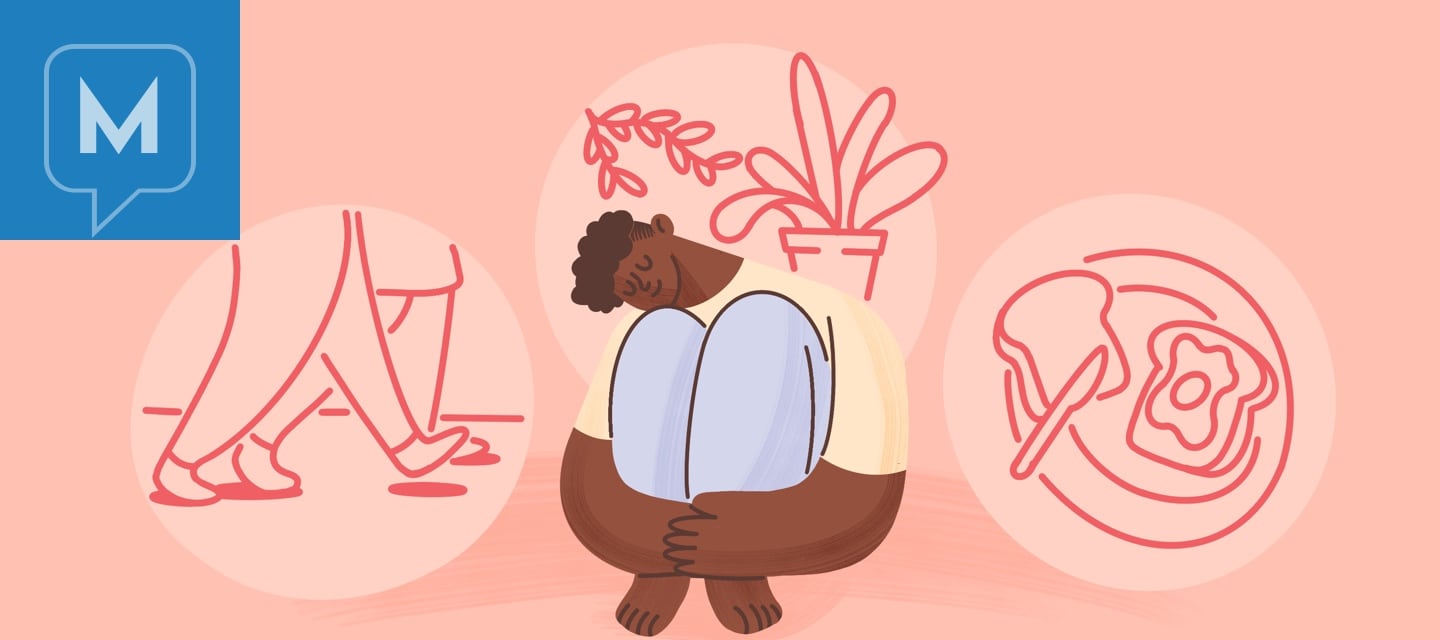 A woman sitting on the floor hugging her knees with a content look on her face. Behind her are illustrations of friends walking, flowers and vines, and an egg sandwich on a plate. These are all self-care examples. POC