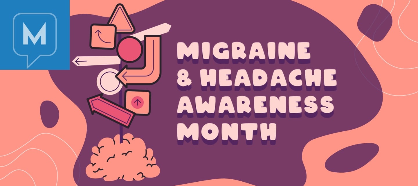 A signpost with a variety of signs and arrow pointing every which way anchored into a brain. The text reads, Migraine Awareness Month.