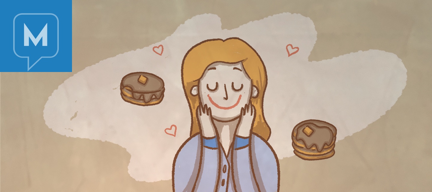 A blonde woman smiles with her hands on her cheeks in excitement as she thinks about pancakes. There are hearts and stacks of pancakes floating around her head.