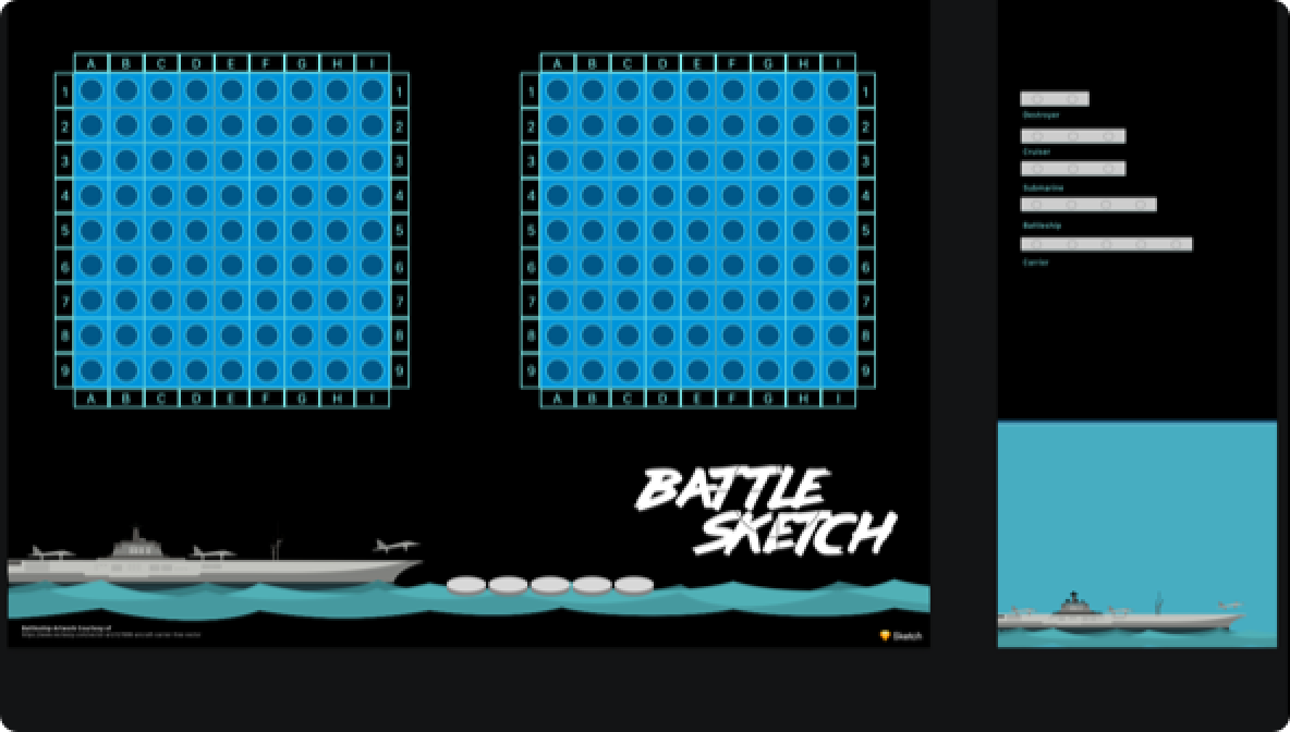 An image showing a Battleship style game recreated in a Sketch document