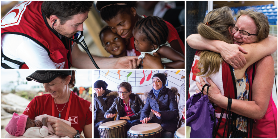 A collage of images. Top left is a doctor giving a shot to a baby girl being held by her mother who is also holding another child. Bottom left is a Red Crescent volunteer feeding a baby. Bottom middle is 3 Syrian refugees playing drums. Right image is a Canadian Red Cross volunteer hugging an affected woman and providing support.