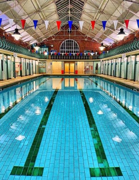 A swimming pool with bunting