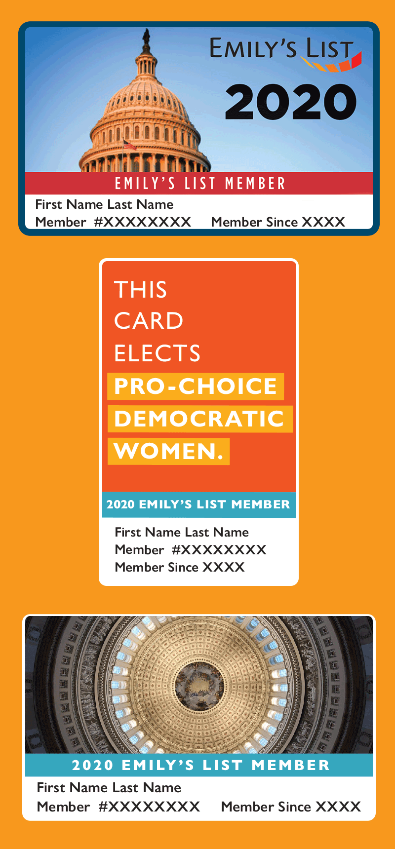 Gold interior of capitol dome; This card elects pro-choice Democratic women;
Capitol dome exterior