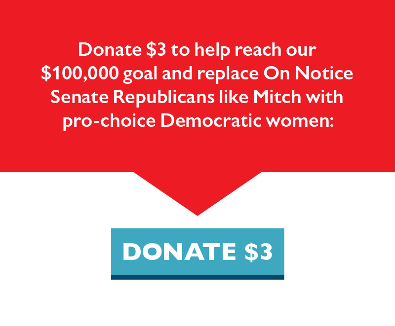 Donate $3 to help reach our $100,000 goal and replace On Notice Senate Republicans like Mitch with pro-choice Democratic women.