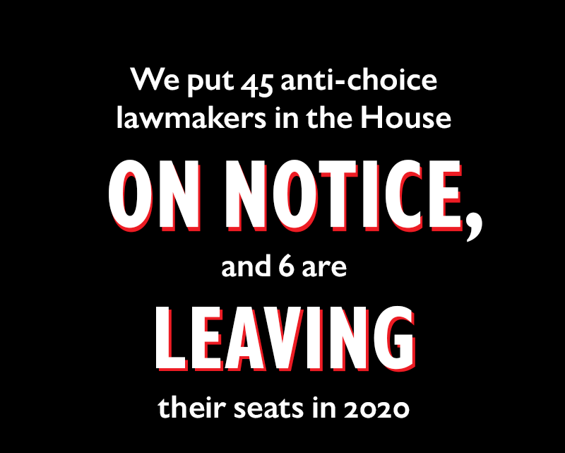 We put 45 anti-choice lawmakers in the House ON NOTICE, and six are LEAVING their seats in 2020