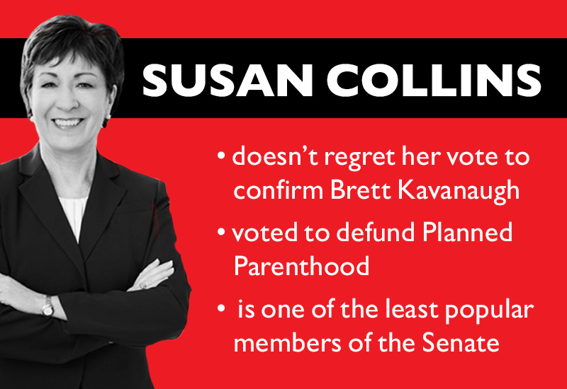 Susan Collins

>> doesn't regret her vote to confirm Brett Kavanaugh
>> voted to defund Planned Parenthood
>> is one of the least popular members of the Senate