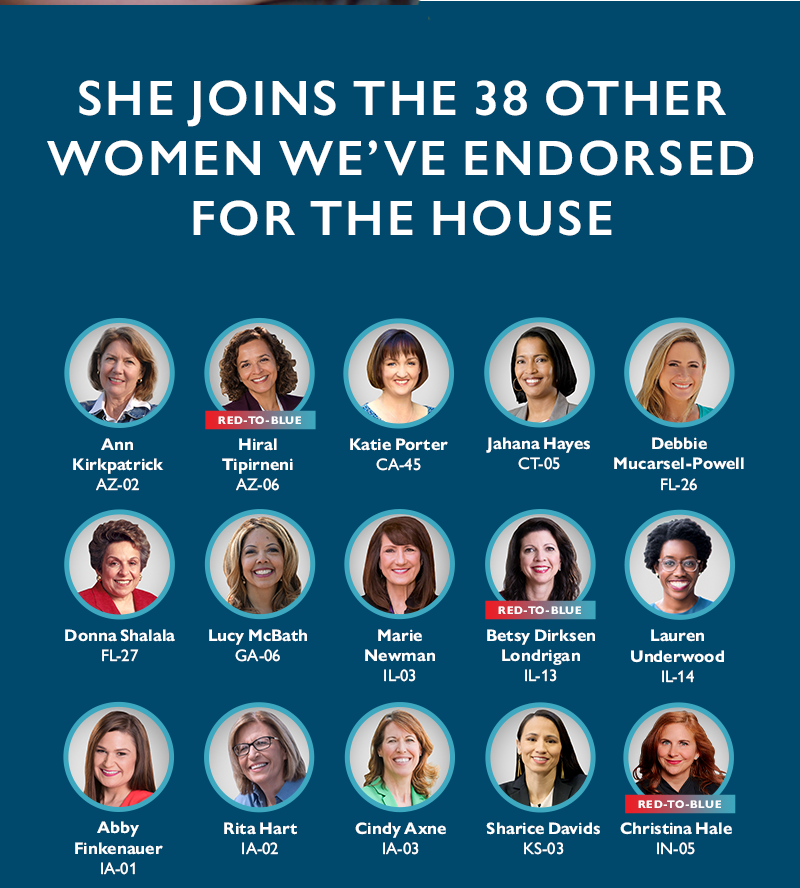 She joins the 38 other women we've endorsed for the House:
Ann Kirkpatrick (AZ-02)
Hiral Tipirneni (AZ-06) - red-to-blue 
Katie Porter (CA-45)
Jahana Hayes (CT-05)
Debbie Mucarsel-Powell (FL-26)
Donna Shalala (FL-27)
Lucy McBath (GA-06)
Marie Newman (IL-03)
Betsy Dirksen Londrigan (IL-13) - red-to-blue 
Lauren Underwood (IL-14)
Abby Finkenauer (IA-01)
Rita Hart (IA-02)
Cindy Axne (IA-03)
Sharice Davids (KS-03)
Christina Hale (IN-05) - red to blue