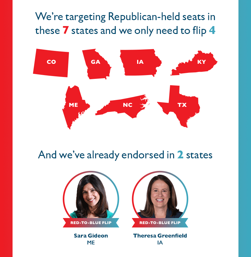 We're targeting Republican-held seats in these seven states:

Colorado
Georgia
Iowa
Kentucky
Maine
North Carolina
Texas

and we only need to flip four.

And we've already endorsed in two states:

Sara Gideon (ME) - RED-TO-BLUE FLIP
Theresa Greenfield (IA) - RED-TO-BLUE FLIP