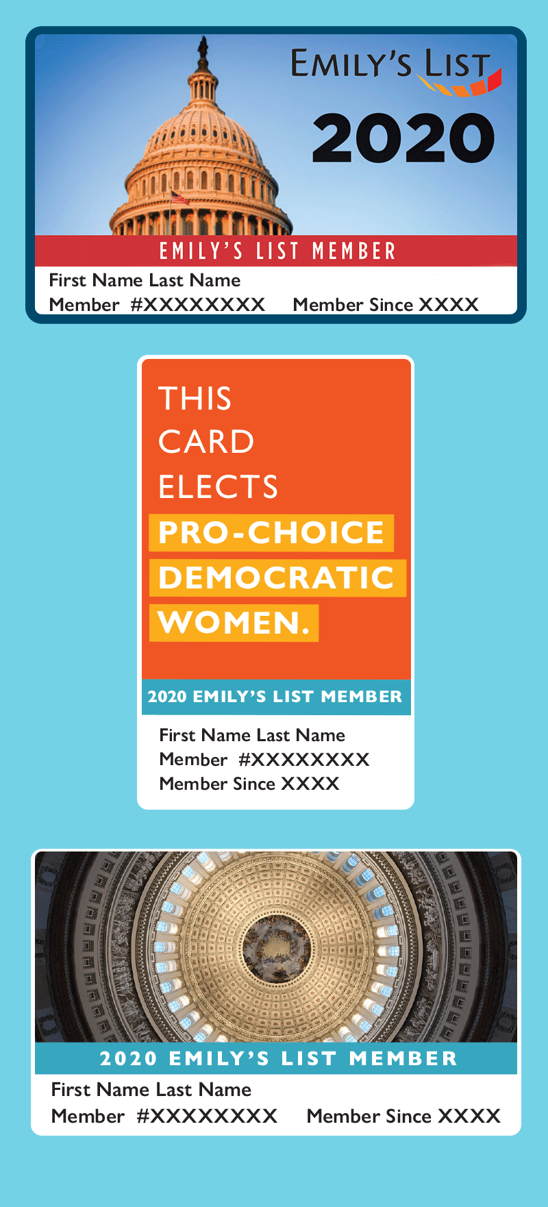 Gold interior of capitol dome; This card elects pro-choice Democratic women;
Capitol dome exterior
