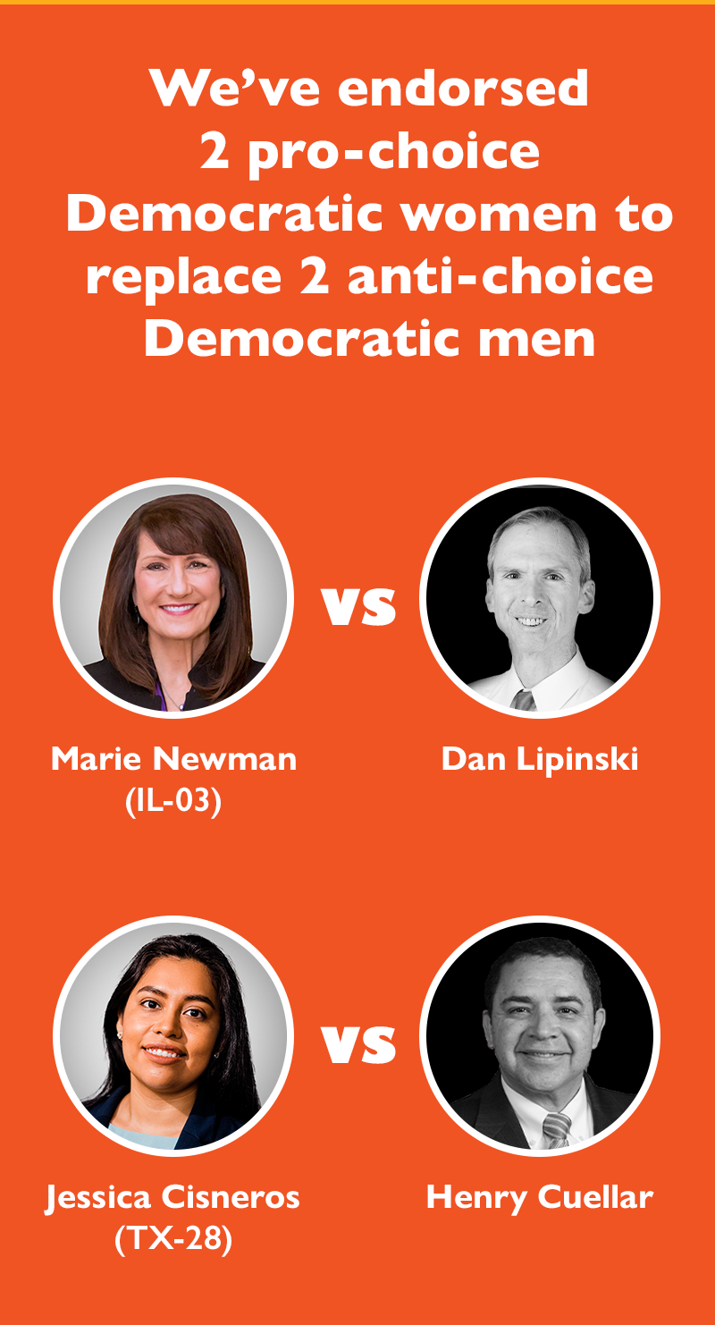 We've endorsed two pro-choice Democratic women to replace two anti-choice Democratic men: Marie Newman (IL-03) vs. Dan Lipinski and Jessica Cisneros (TX-28) vs. Henry Cuellar.