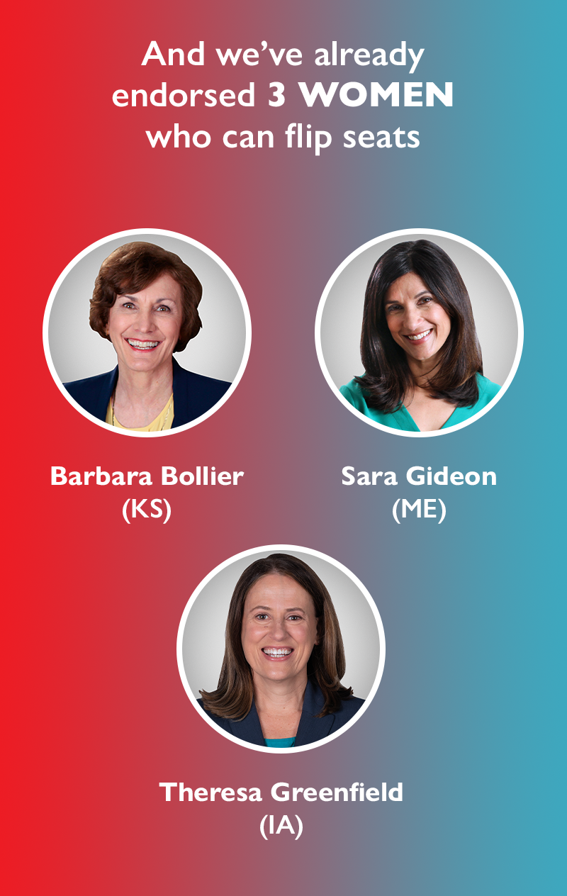 And we've already endorsed three women who can flip seats: Barbara Bollier (KS)
Sara Gideon (ME), Theresa Greenfield (IA)