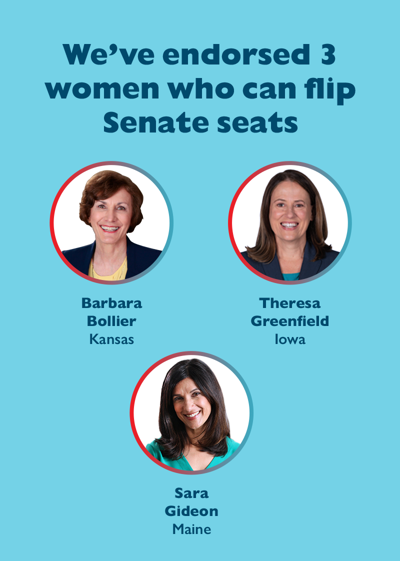 We've endorsed three women who can flip Senate seats:
Barbara Bollier (KS)
Theresa Greenfield (IA)
Sara Gideon (ME)
