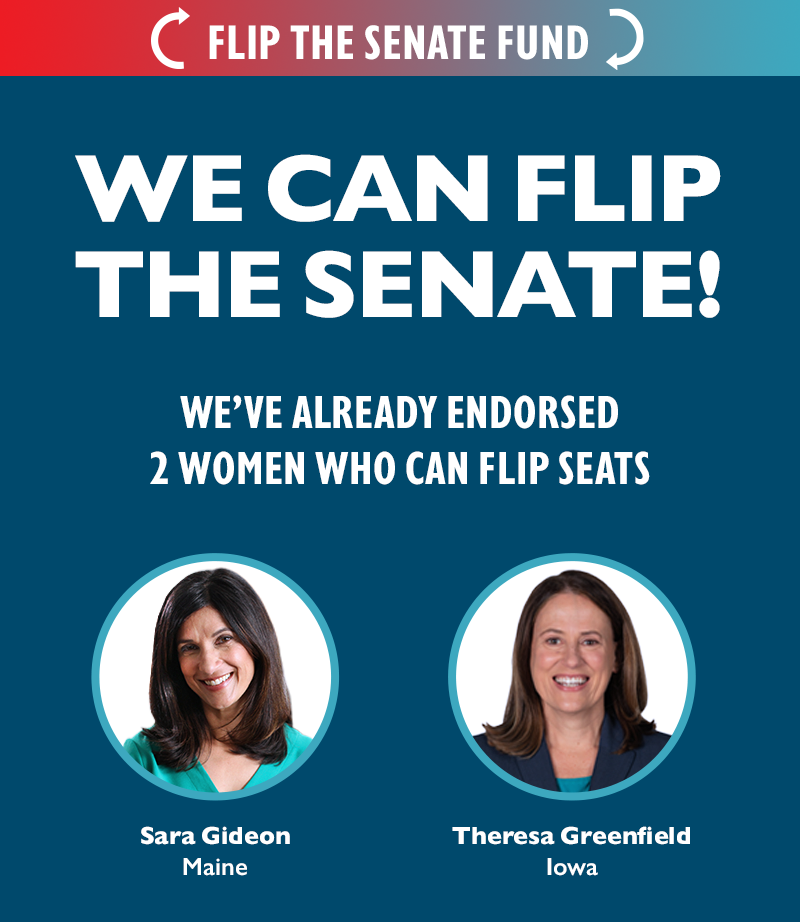 Flip the Senate Fund
We can flip the Senate!
We've already endorsed 2 women who can flip seats:
Sara Gideon (Maine) and Theresa Greenfield (Iowa)